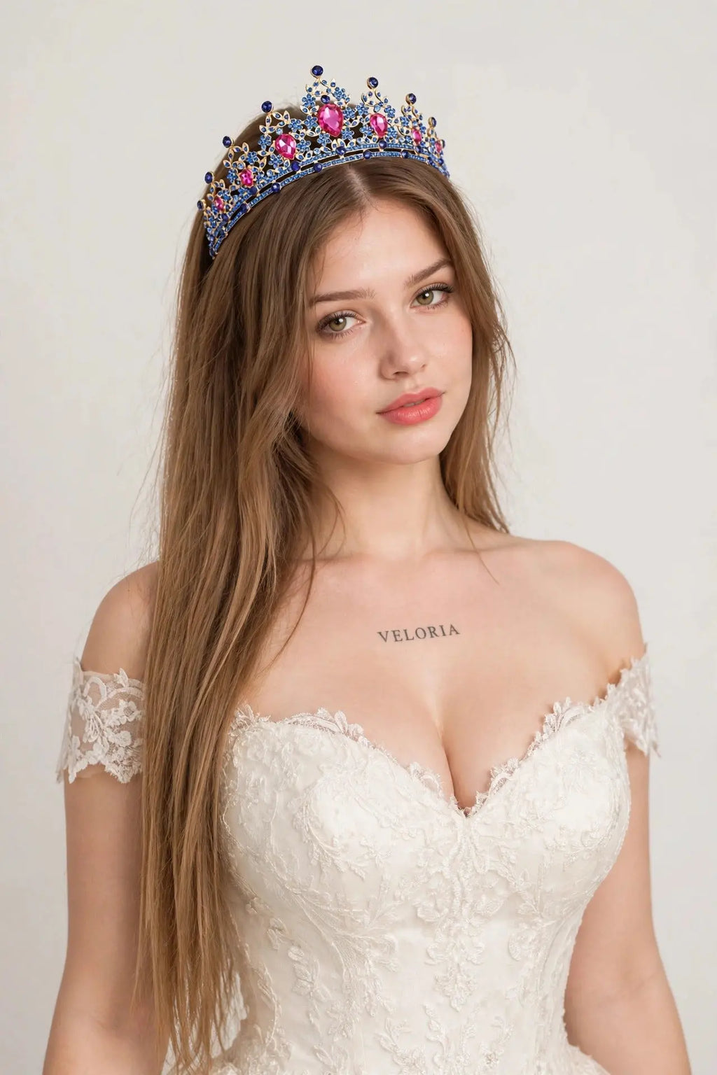 Bridal Tiara Crown - Rhinestone Crystal Headpiece worn by model | Veloria