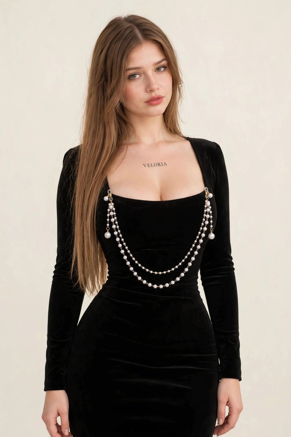 Pearl Tassel Chest Chain - Layered worn by model | Veloria