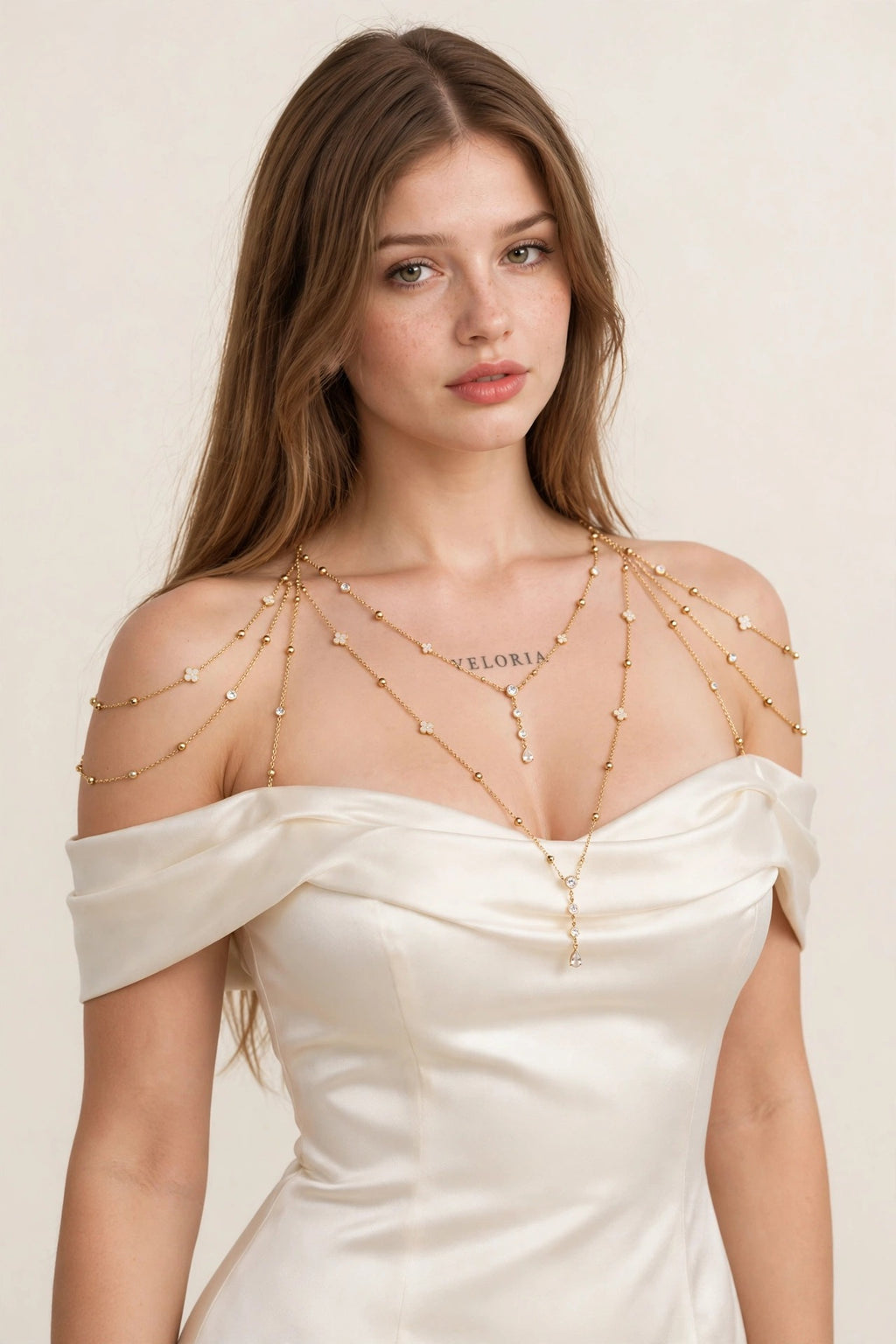 Beaded Crystal Layered Body Chain worn by model | Veloria