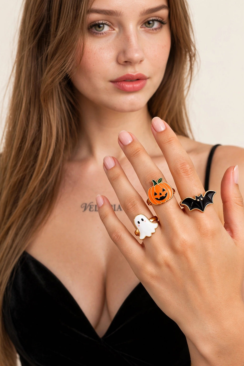 Halloween Ring Set - 3pcs Gothic Spooky Rings worn by model | Veloria
