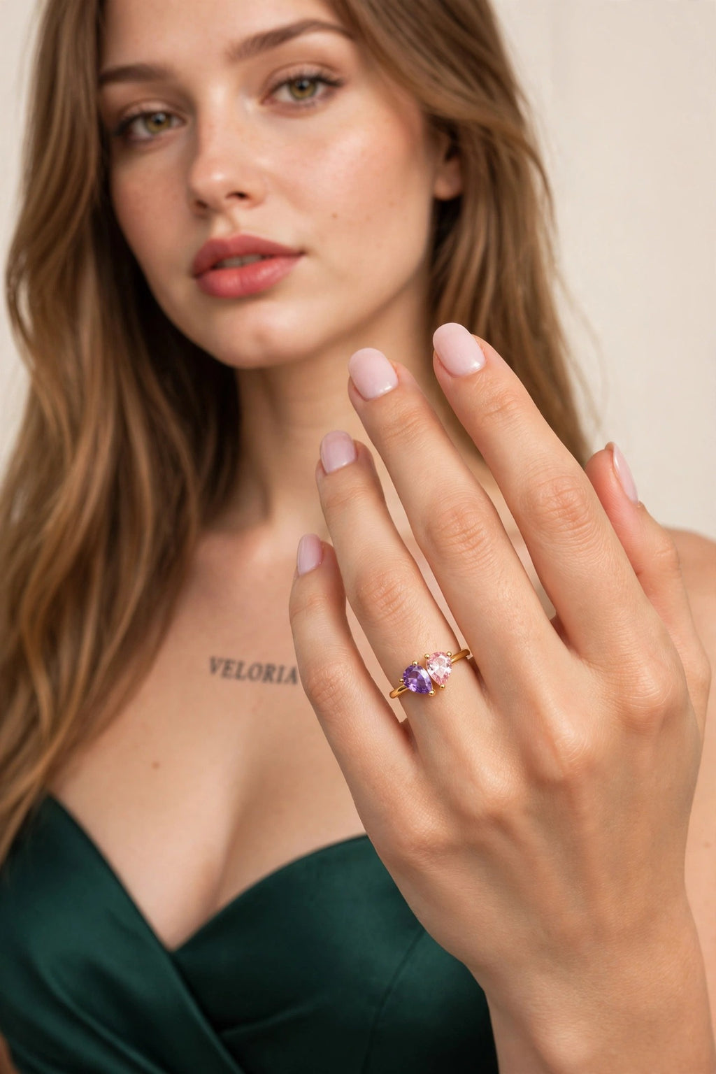 Mothers Ring - Personalized Two Birthstone Ring worn by model | Veloria