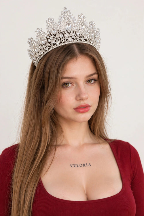 Birthday Crown - Silver Crystal Rhinestone Tiara worn by model | Veloria