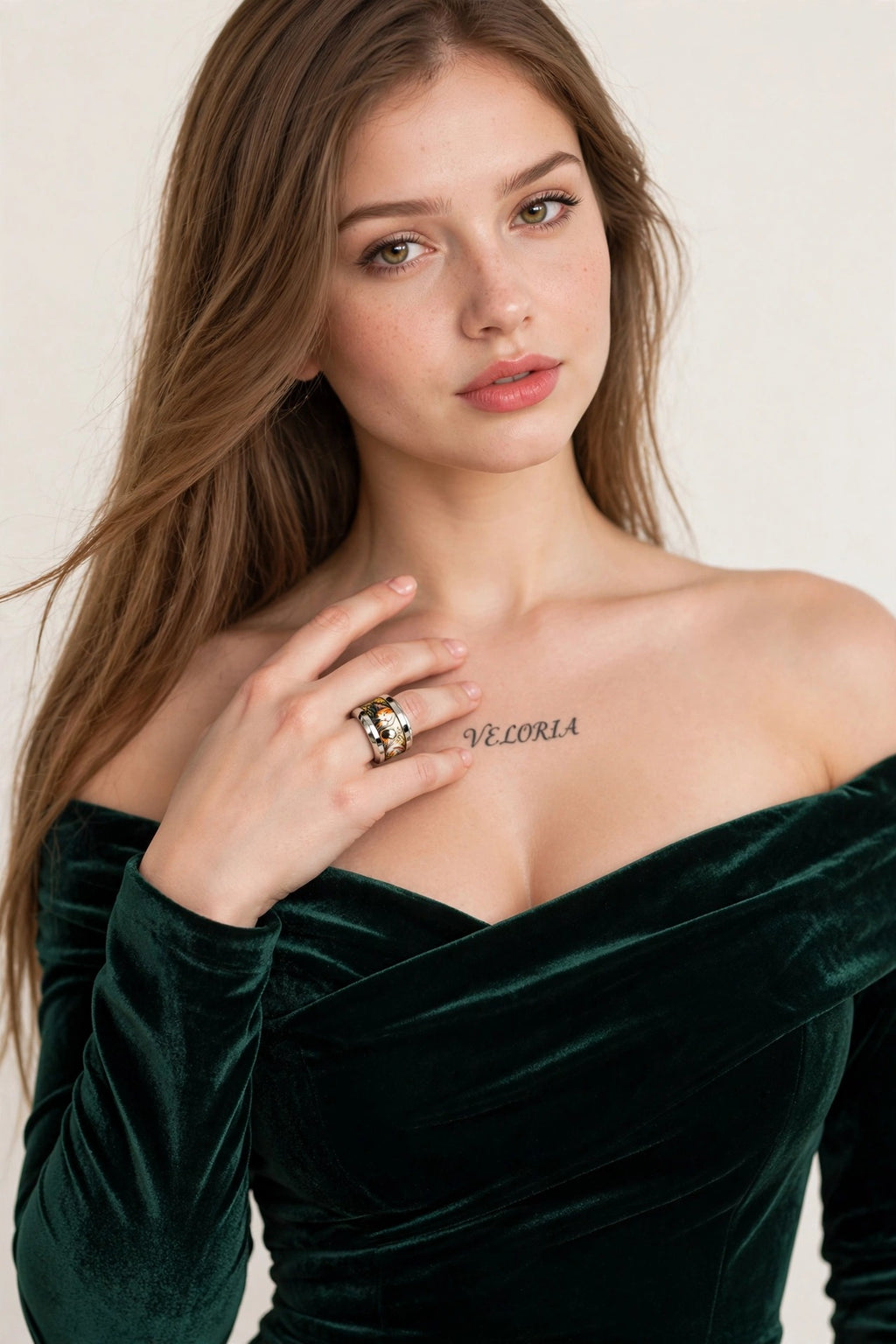 Cat Ring - Sleeping Calico Cat Tungsten Band worn by model | Veloria