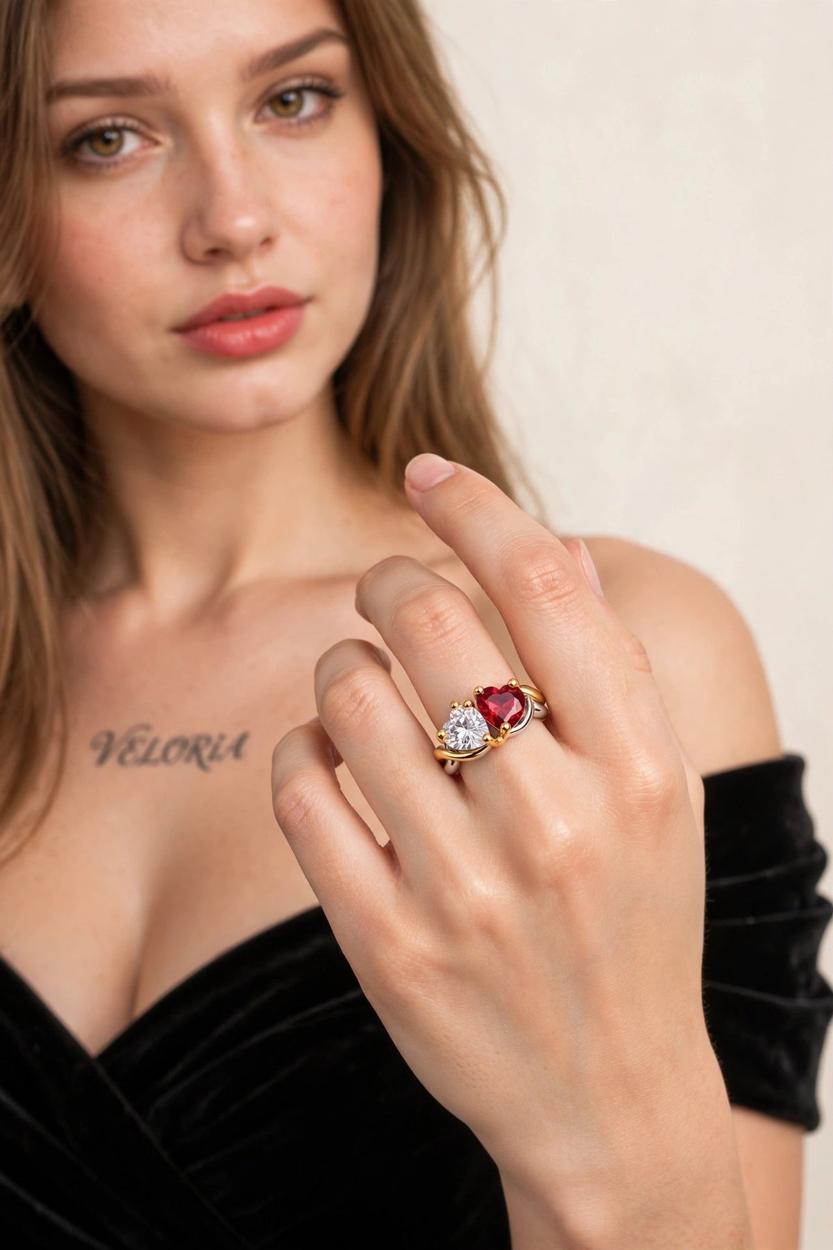 Double Heart Ring - Sterling Silver Stackable Ring worn by model | Veloria
