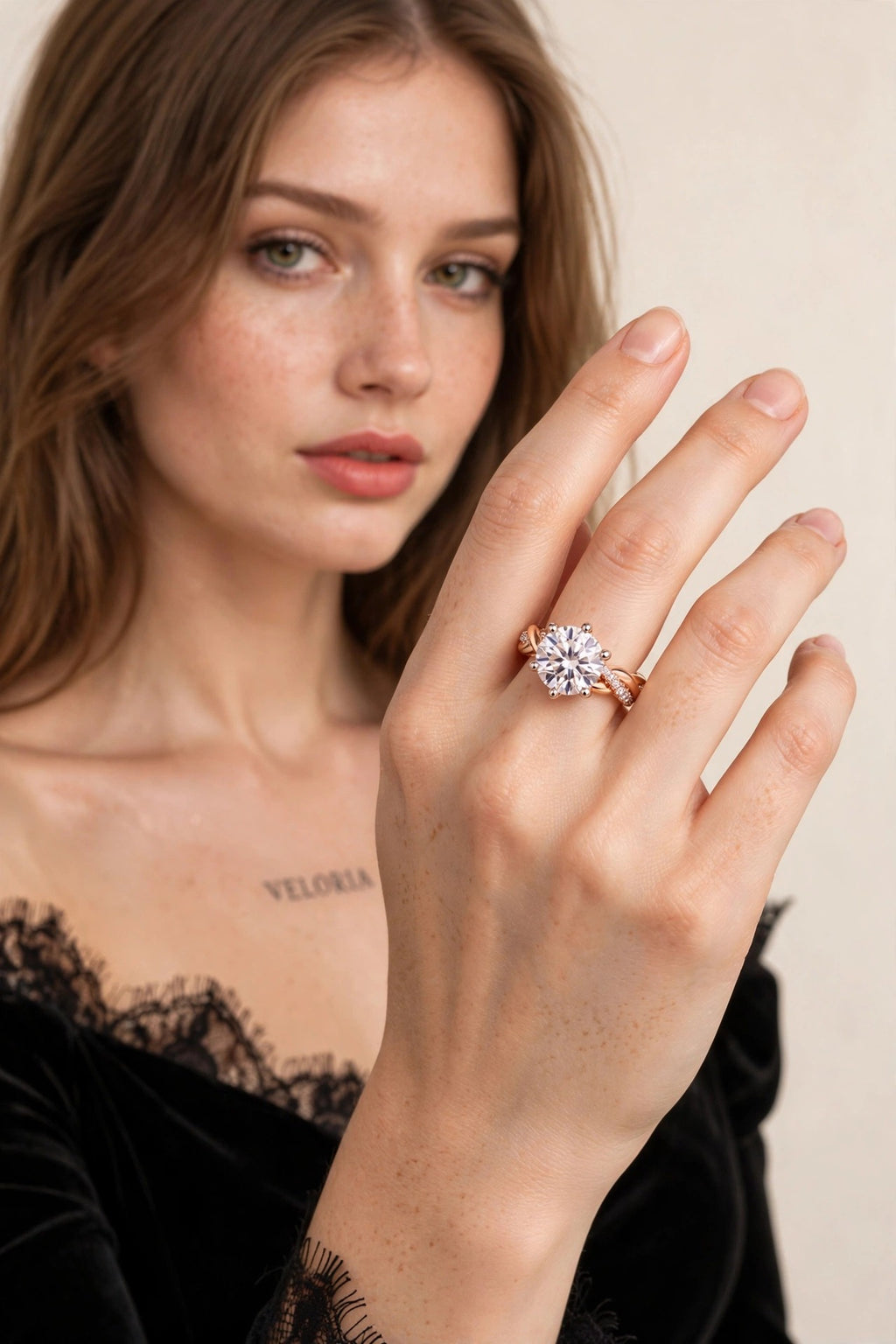 Moissanite Engagement Ring - 1 CT Solitaire Ring worn by model | Veloria