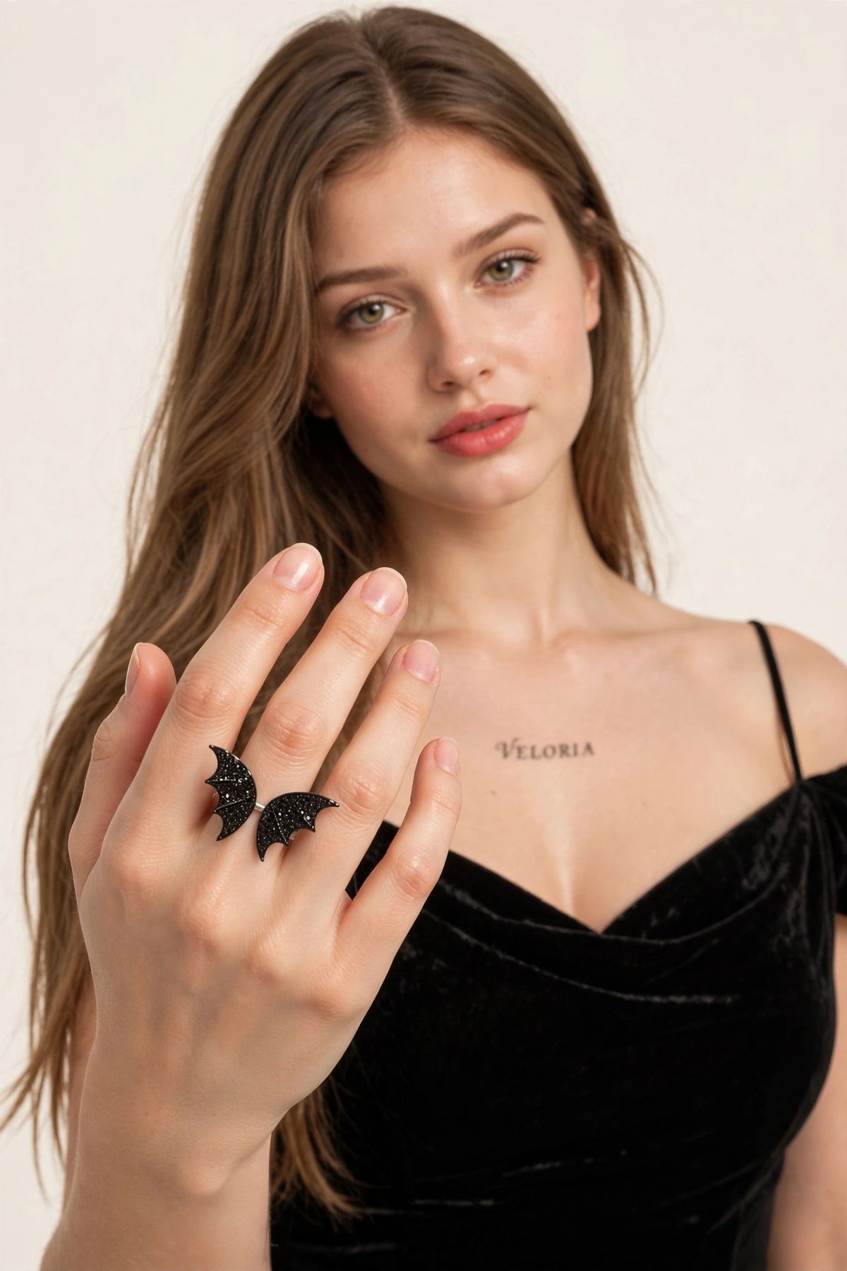 Gothic Bat Ring - Black Halloween Spooky Jewelry worn by model | Veloria